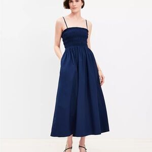 LOFT Navy Poplin Smocked Maxi Dress with Spaghetti Straps